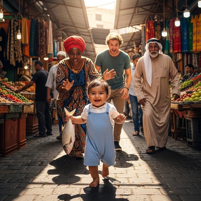 Adorable Baby Running in Market with a Fish
