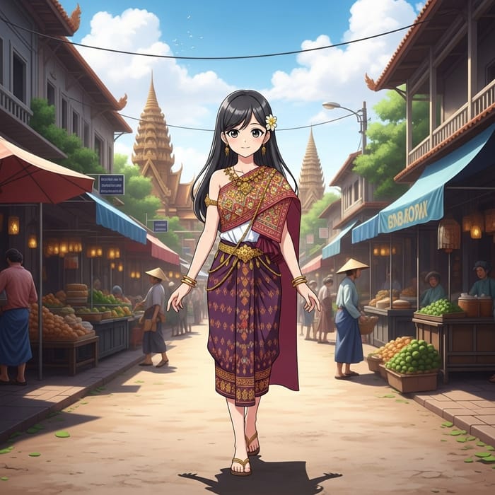 Cambodian Anime Girl in Traditional Dress Exploring Vibrant Cambodian Streets