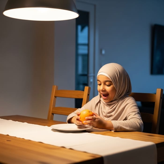 Young Muslim Girl Excited Over Juicy Orange at Dinner Table