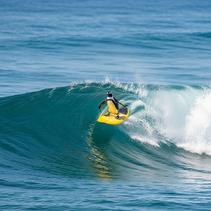 Penguin Surfing on a Yellow Board in Azure Waves Penguin Surfing on a Yellow Board in Azure Waves
