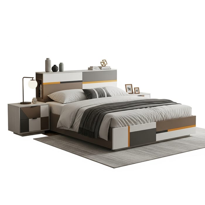 Sleek Modern Queen Bed with Headboard & Side Tables | Earth Tones