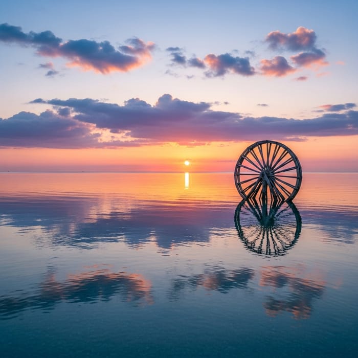 Whimsical Driftwood Wheel Over Flying Clouds at Calm Sea Whimsical Driftwood Wheel Over Flying Clouds at Calm Sea
