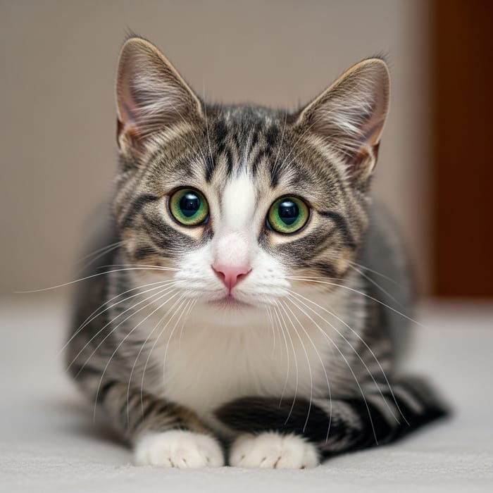 Curious Domestic Cat with Fluffy Grey and White Fur Curious Domestic Cat with Fluffy Grey and White Fur