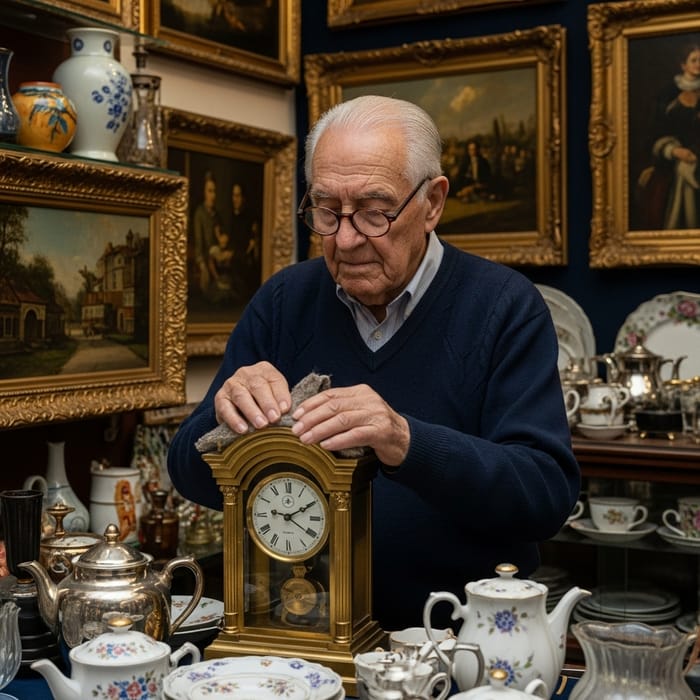 Elderly Hispanic Man in Antique Shop | Vintage Brass Clock and Treasures Elderly Hispanic Man in Antique Shop | Vintage Brass Clock and Treasures
