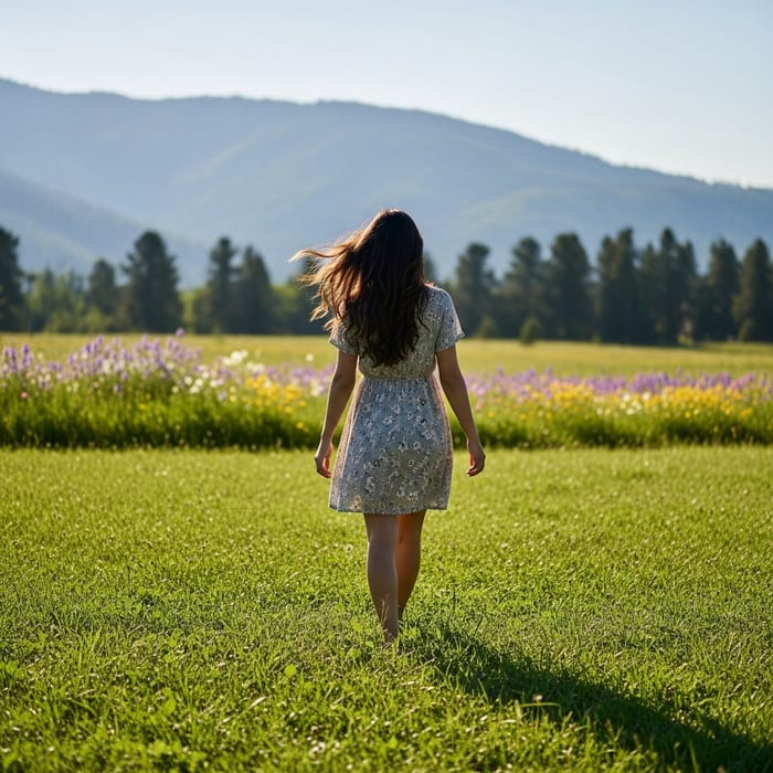 Tranquil Hispanic Woman Walking Through Scenic Green Field Tranquil Hispanic Woman Walking Through Scenic Green Field
