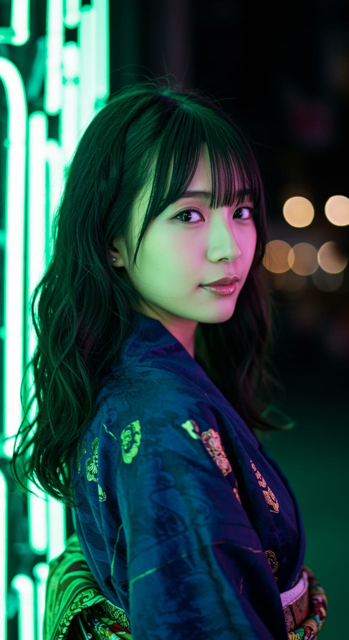 Japanese Woman Portrait with Neon Green Lights