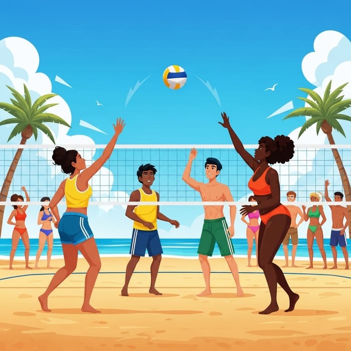 Diverse Beach Volleyball Match under Sunny Skies