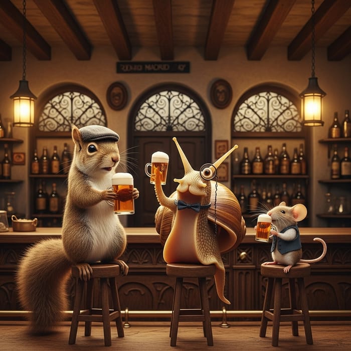 Surreal Moment: Squirrel, Mollusk, and Mouse Sipping Beer in Madrid Pub Surreal Moment: Squirrel, Mollusk, and Mouse Sipping Beer in Madrid Pub