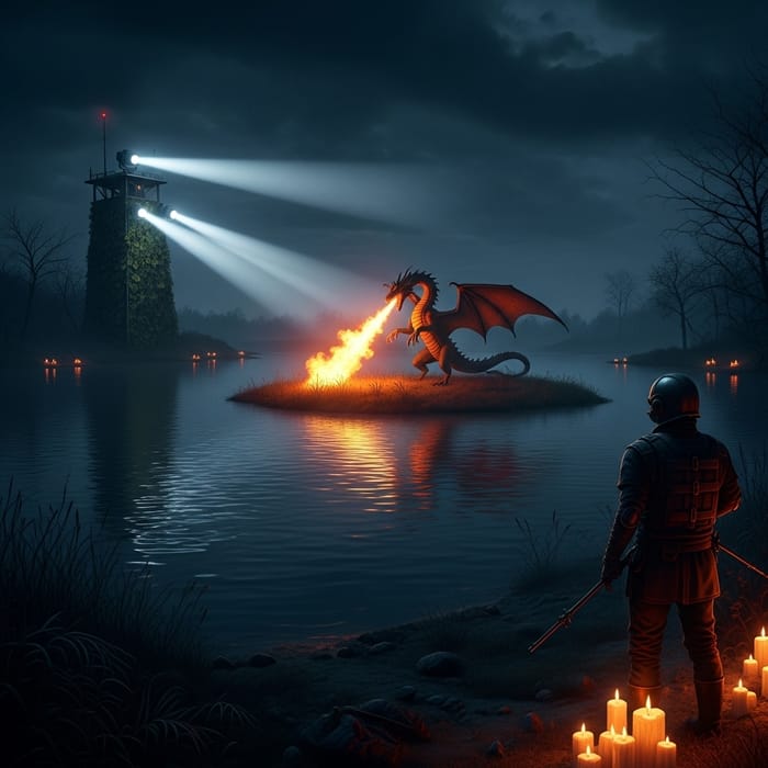 Eerie Halloween Scene: Dragon at Pond, Searchlights, and Flames Eerie Halloween Scene: Dragon at Pond, Searchlights, and Flames