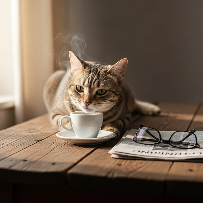 Curious Cat Enjoying Morning Coffee | Rustic Wooden Table