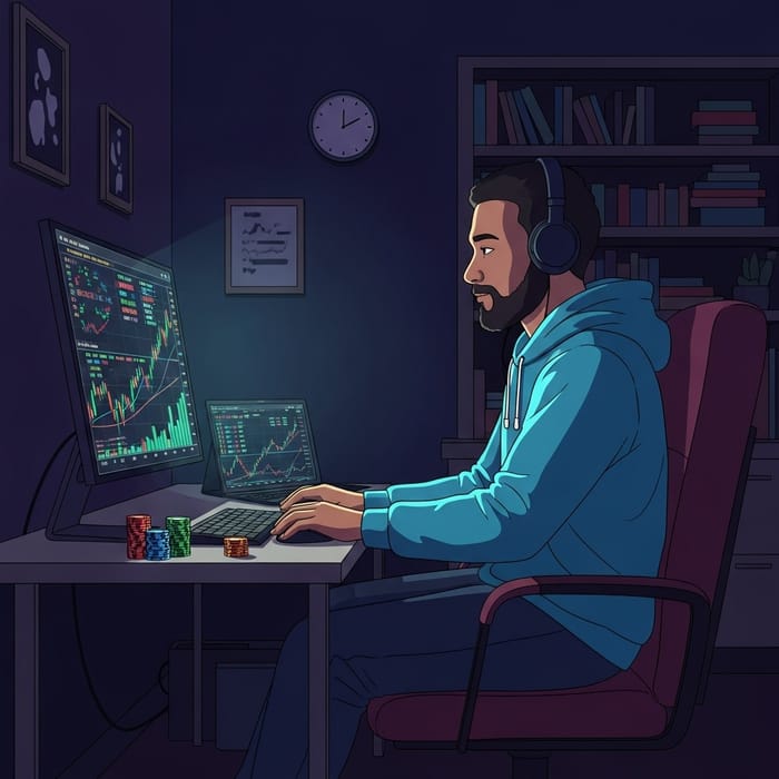 Man Sitting in Chair Trading Forex in Dim Room Man Sitting in Chair Trading Forex in Dim Room