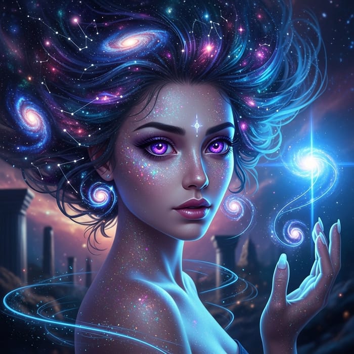 Beautiful Female Portrait with Cosmic Color Space and Neon Blue Lighting, Hyperrealism Fantasy Aesthetic