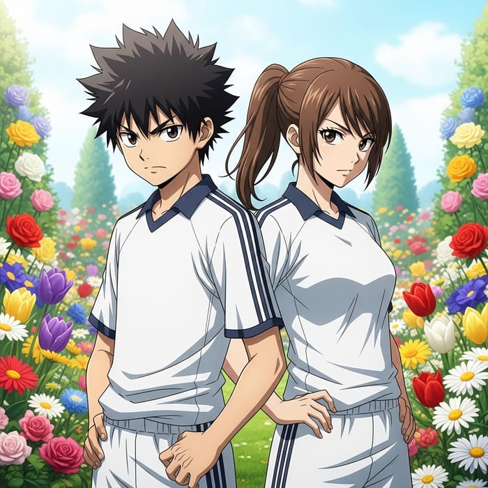 Anime Boy and Girl in Real Madrid Jerseys with Floral Background
