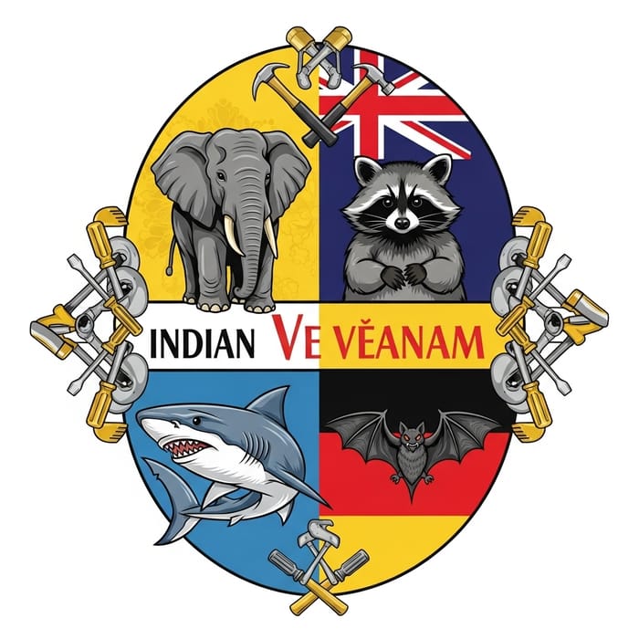 Diverse Family Crest: Elephant, Raccoon, Shark, Bat & Hardware Tools Diverse Family Crest: Elephant, Raccoon, Shark, Bat & Hardware Tools