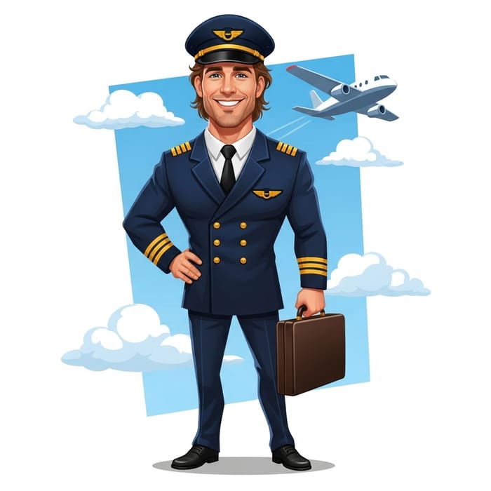 Caucasian Male Pilot Caricature | Big Smile, Full Uniform