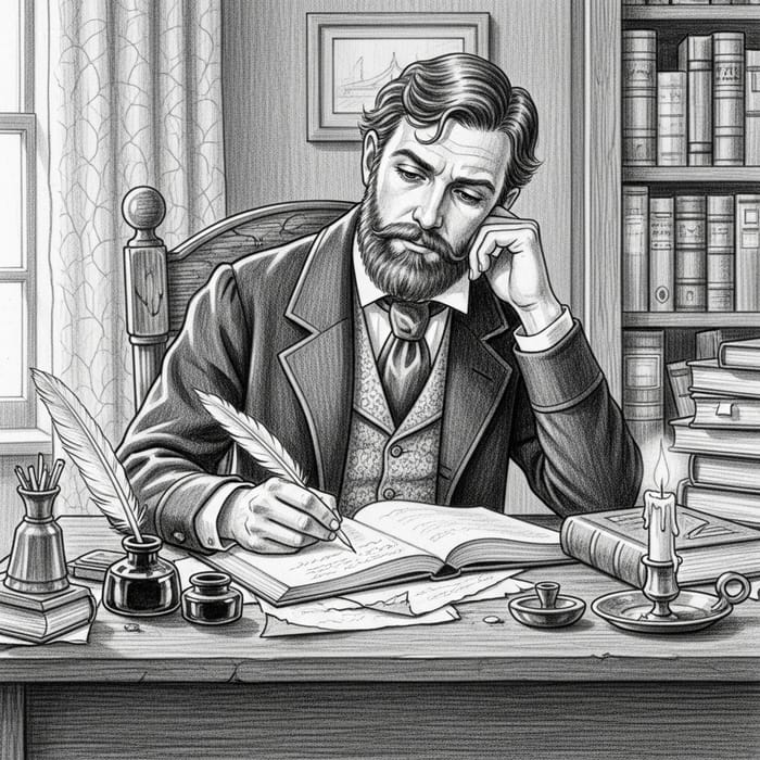 Charles Dickens Writing a Book - Detailed Pencil Sketch Charles Dickens Writing a Book - Detailed Pencil Sketch