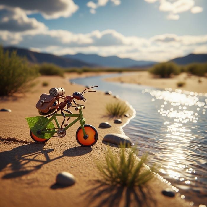 Ant Riding Bike in Desert Next to River