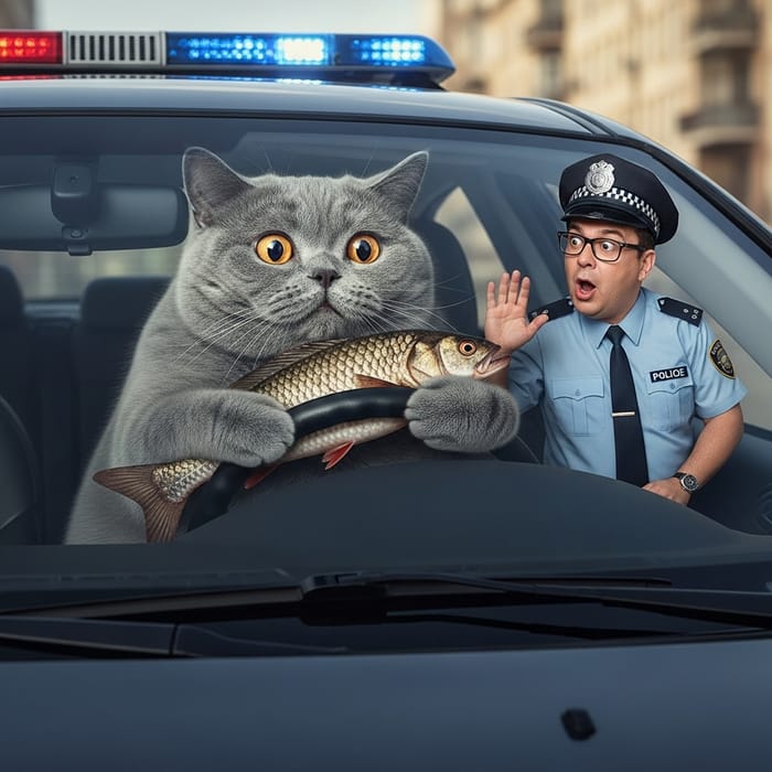 Fat British Cat Driving Car with Big Fish, Scared of Policeman Fat British Cat Driving Car with Big Fish, Scared of Policeman