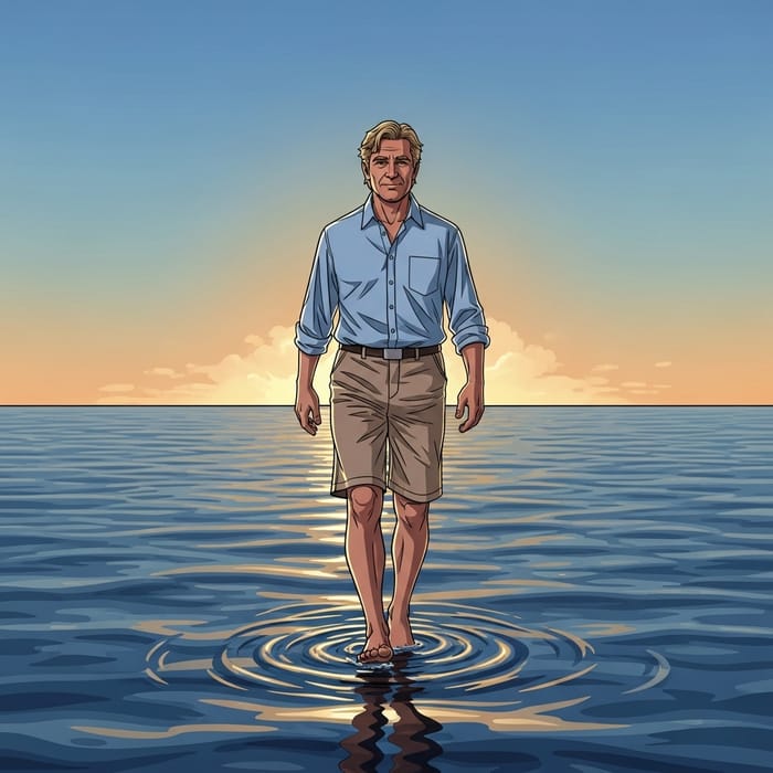 Surreal Illustration of a Man Walking on Sea