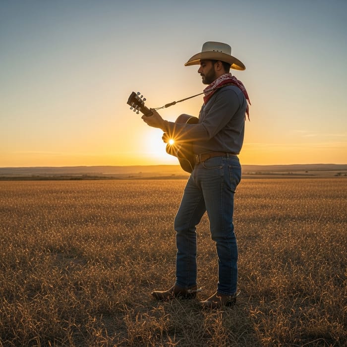 Cowboy Playing Guitar at Sunset