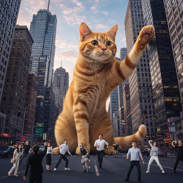 Giant Cat Playfully Swatting Skyscrapers in City Giant Cat Playfully Swatting Skyscrapers in City