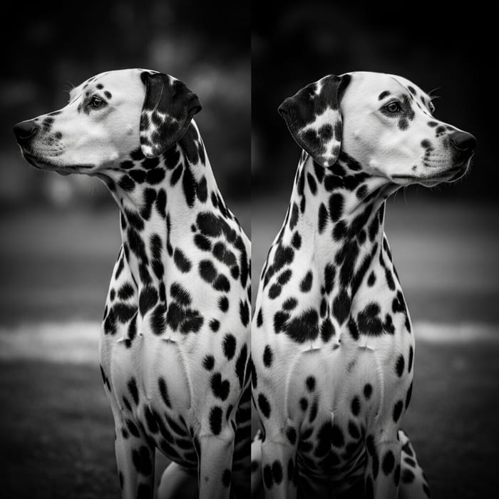 Detailed Black and White Photo of Two Dalmatians - Unique Dotted Coats Detailed Black and White Photo of Two Dalmatians - Unique Dotted Coats