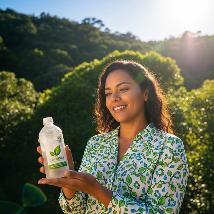 Happy Woman in Eco-friendly Apparel Enjoys Biodegradable Product in Natural Setting Happy Woman in Eco-friendly Apparel Enjoys Biodegradable Product in Natural Setting