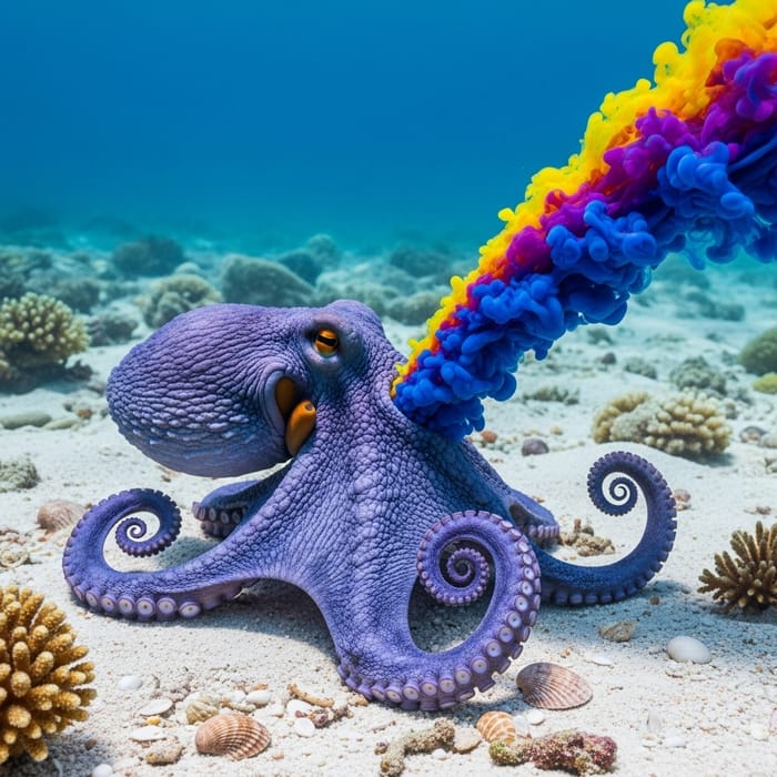Colorful Octopus Jetting Ink in Monotone Sand Colorful Octopus Jetting Ink in Monotone Sand