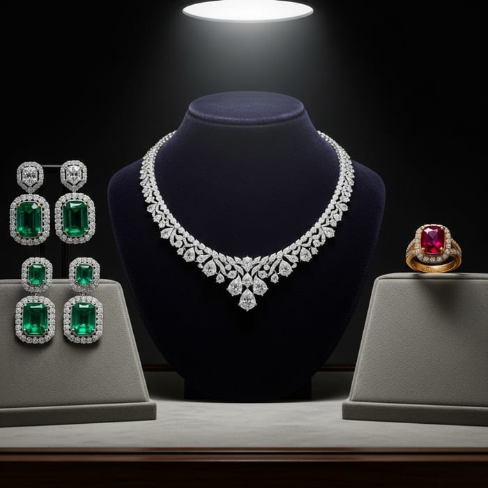 Exquisite Diamond Necklace, Emerald Earrings & Ruby Ring Display