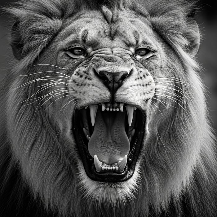 Majestic Lion Roaring Fiercely in High Contrast Black and White