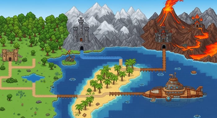 Adventure Pixel Art: Vast Plain, Oak Forest, Mountains, Submarine, and Volcano