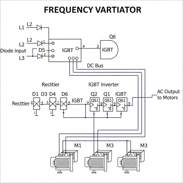 Frequency Variator Circuit with 3 Motors, 6 Diodes, and 6 IGBT