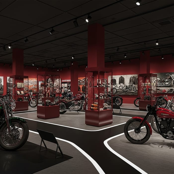 Harley Davidson Motorcycle Museum Interior in Burgundy - Unique Vintage Theme Harley Davidson Motorcycle Museum Interior in Burgundy - Unique Vintage Theme