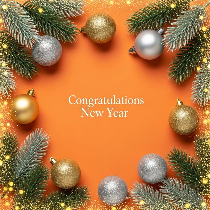 Festive New Year's Greeting Card with Shiny Toy Balls, Fir Branches, and Magical Sparkles