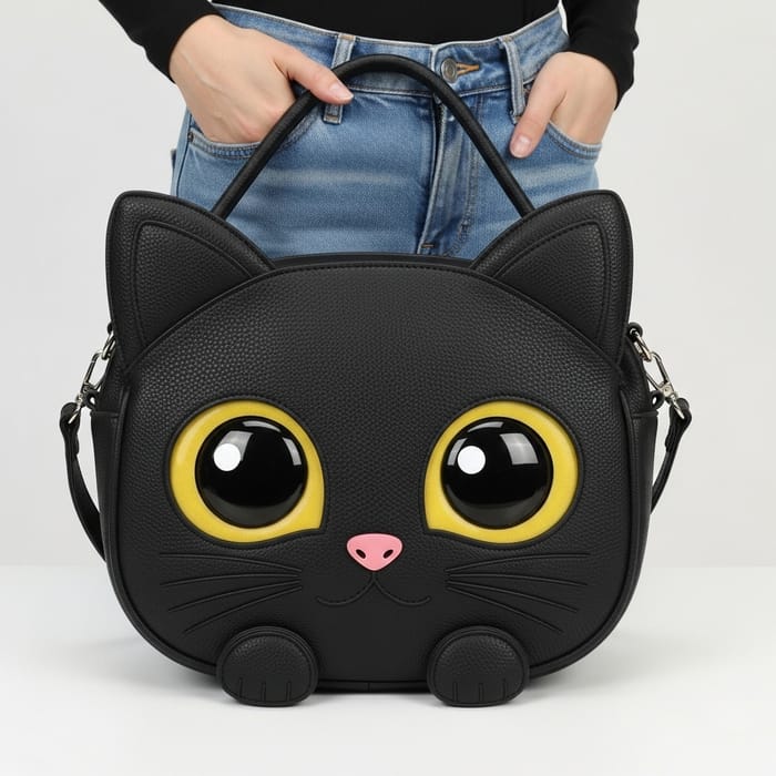 Unique Black Cat Women's Bag with Oversized Expressive Eyes Unique Black Cat Women's Bag with Oversized Expressive Eyes