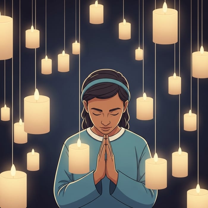Figure in Prayer Surrounded by Floating Candles Figure in Prayer Surrounded by Floating Candles
