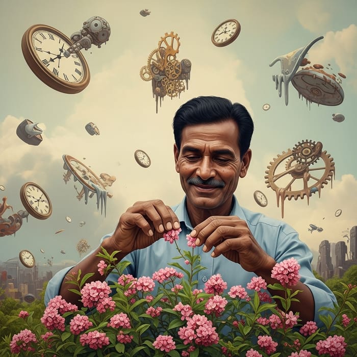 Surrealism Man Breaking Flowers: Tenderness, Sensual Smile, Melancholy Surrealism Man Breaking Flowers: Tenderness, Sensual Smile, Melancholy