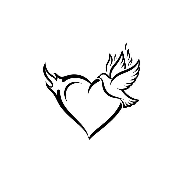 Heart & Dove in Flames Logo | Black Outline Design Heart & Dove in Flames Logo | Black Outline Design