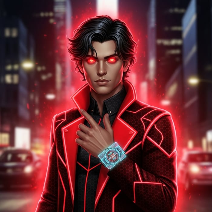 Mysterious Spy Character with Red Eyes in Night City Mysterious Spy Character with Red Eyes in Night City