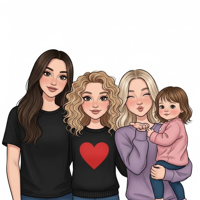 Whimsical Cartoon of 4 Sisters - Family Photo Story Whimsical Cartoon of 4 Sisters - Family Photo Story