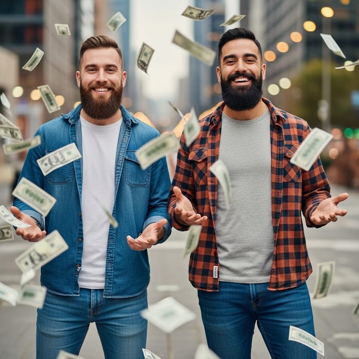 Diverse Bearded Men Celebrate in Money Rain | City Background