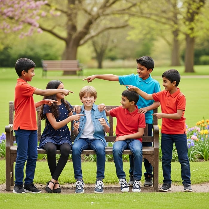 Joyful Scene of Indian Kids Teasing Boy in Playful Park Setting Joyful Scene of Indian Kids Teasing Boy in Playful Park Setting