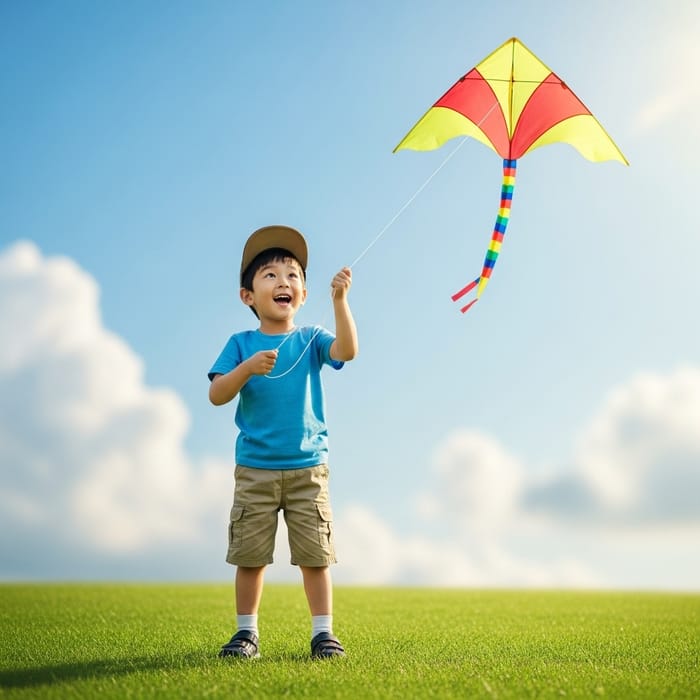 Happy Korean Boy Flying Kite Outdoors Happy Korean Boy Flying Kite Outdoors