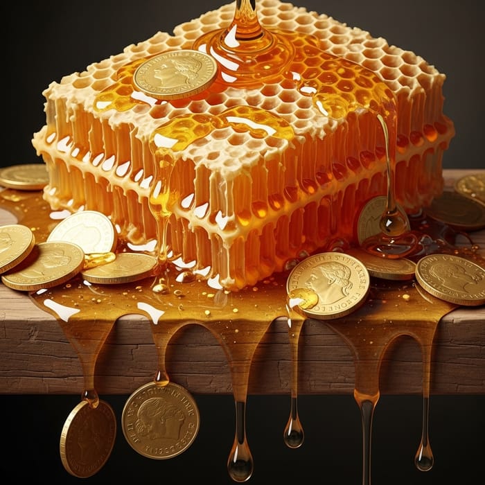Opulent Golden Honeycomb Dripping with Coins | Caravaggio Style Opulent Golden Honeycomb Dripping with Coins | Caravaggio Style