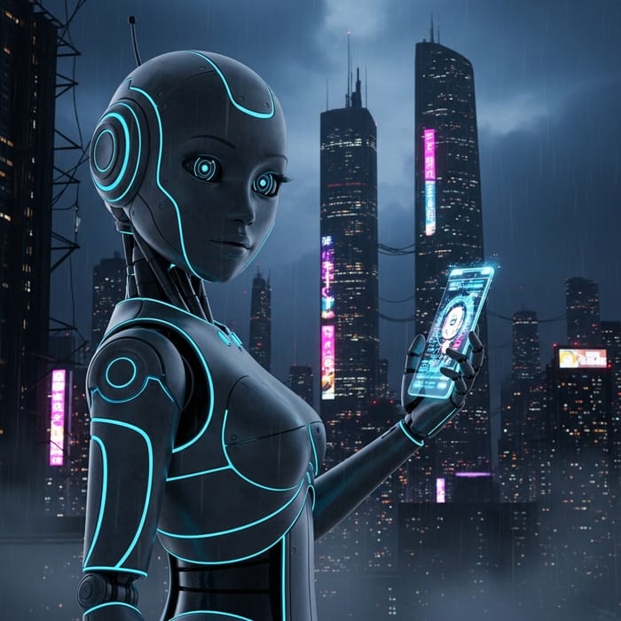 Cute Female Robot in Dark Gray Metal | Cyberpunk Phone Design