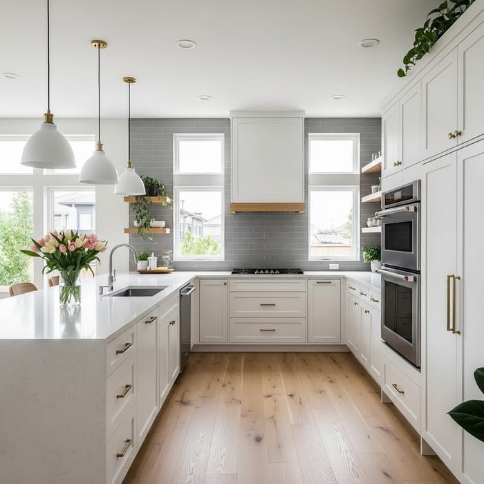 Modern Minimalist Kitchen with L-Shaped Cabinets & High-End Stainless Steel Appliances