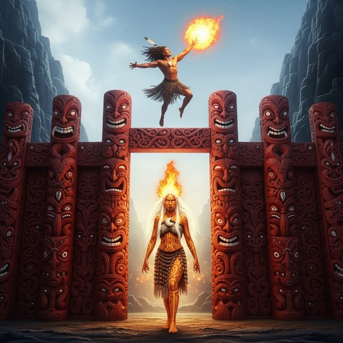 Mahuika: Fiery Goddess with Coppery Eyes | Sacred Cave Scene Mahuika: Fiery Goddess with Coppery Eyes | Sacred Cave Scene