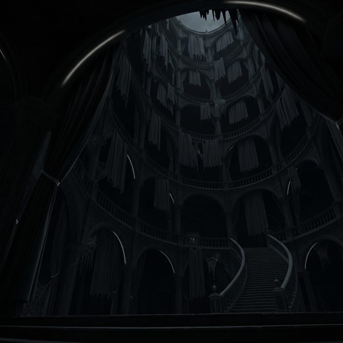 Eerie Black Castle Interior: Dark Staircases, Balconies, and Curtains