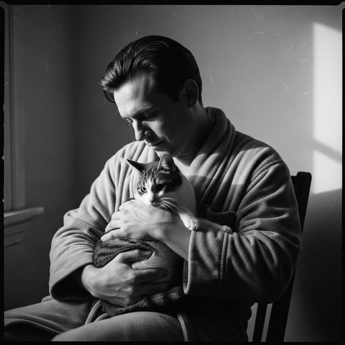 Vintage Style Man in House Robe with Cat