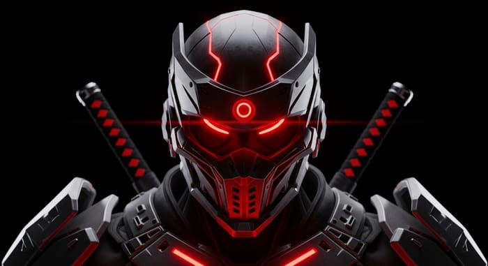 Futuristic Cyber Ninja in Red Armor with Glowing Elements
